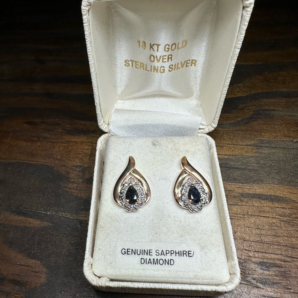 18KT Gold over Sterling Silver Sapphire/ Diamond Earrings.